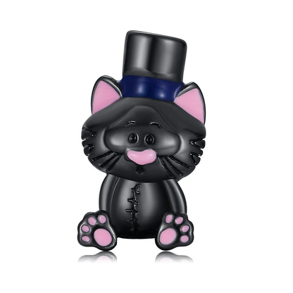 Black cat-shaped figurine with pink paws and a blue bow tie on a white background. pandora style charm pendant. Halloween theme 