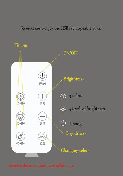 Remote control for a USB rechargeable lamp with feature labels on a gray background
