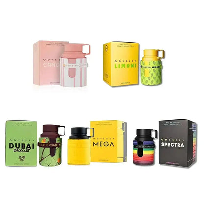 Collection of colorful Odyssey water bottles and boxes on a white background