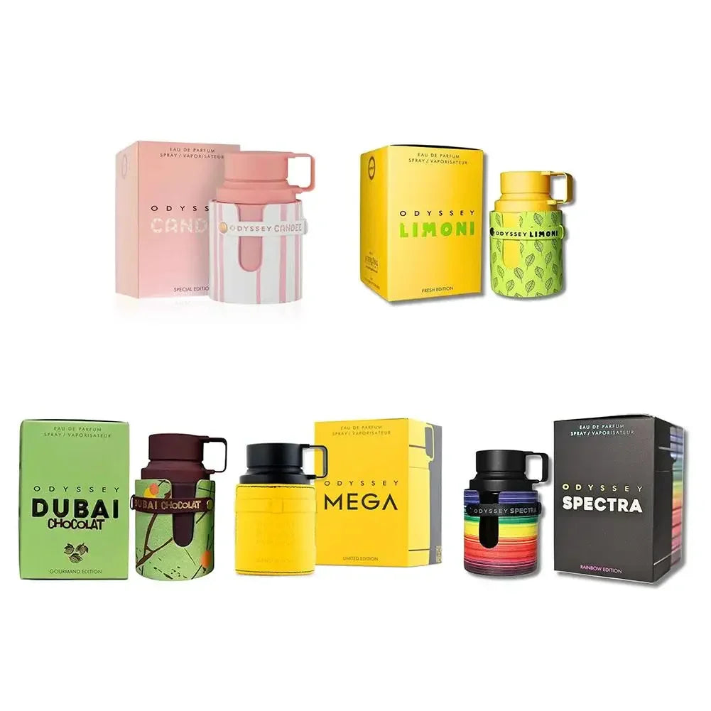 Collection of colorful Odyssey brand water bottles and boxes on a white background