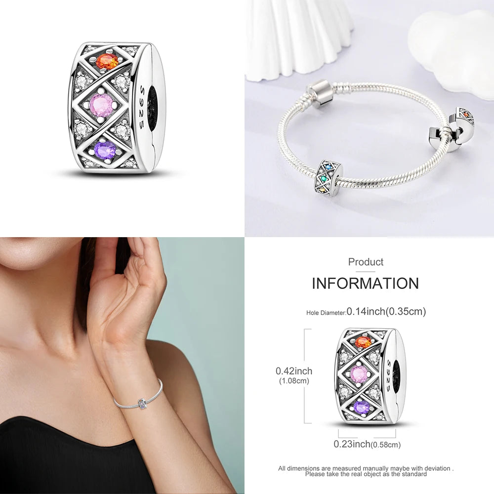 925 Sterling Silver Clasp Stone CZ Clip Charm Zircon Star Butterfly Bead Pure Ember