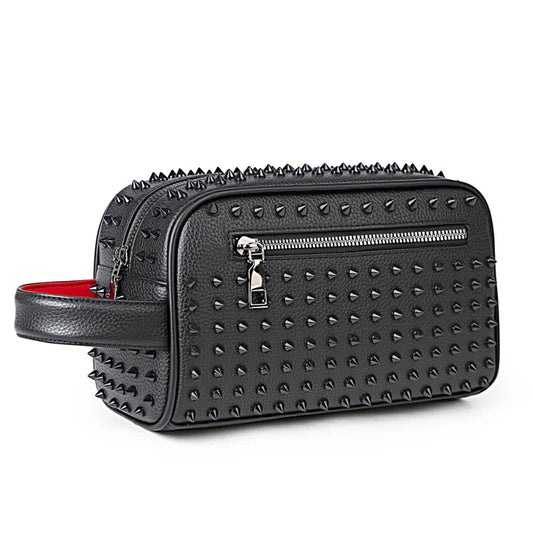 Black studded cosmetic bag with a red interior on a white background