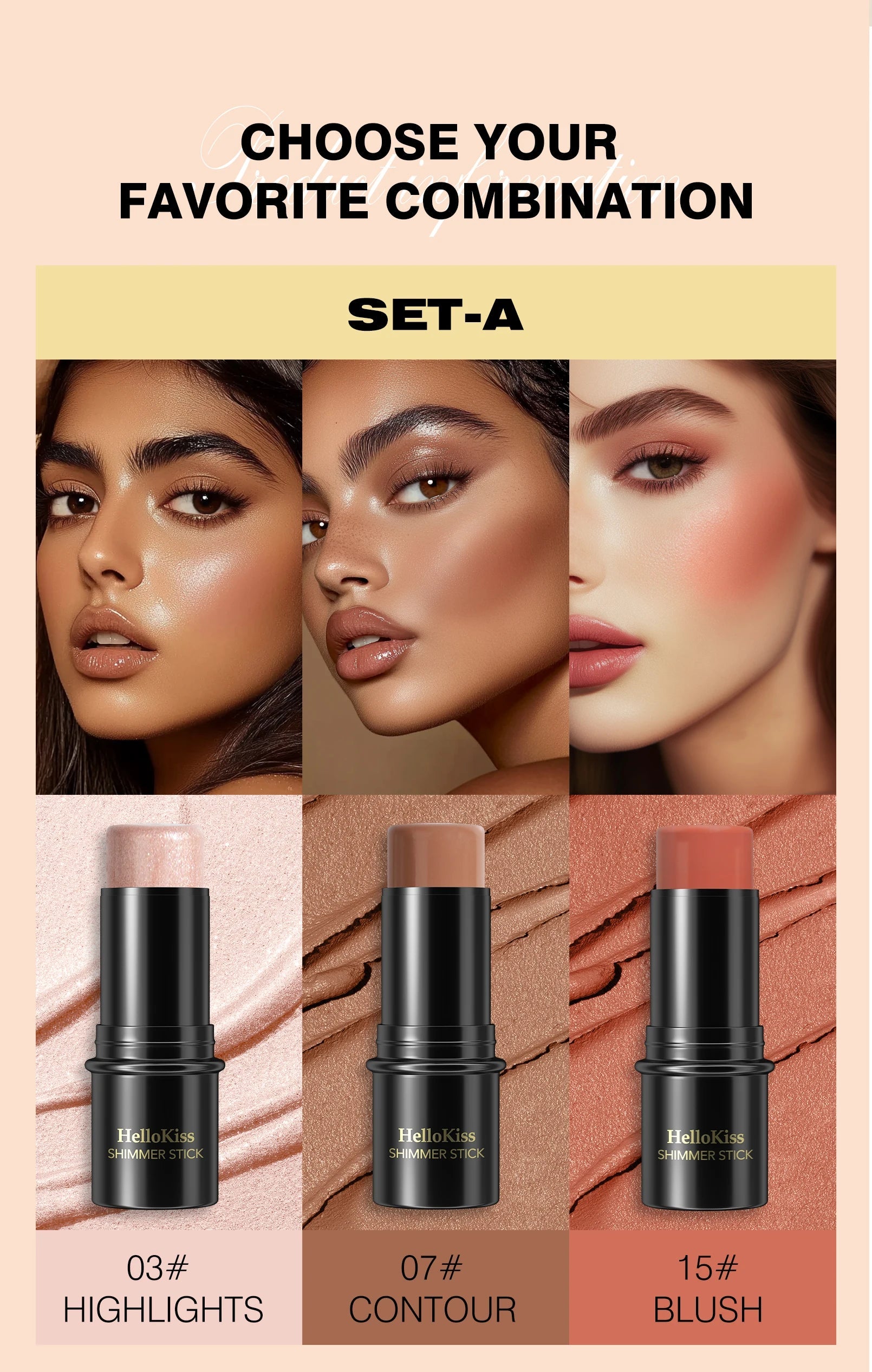 4pcs Contour Stick, Highlighter Stick, Blush Stick 4pcs Cream Contour Kit with Contour Brush, Contour, Non-greasy Pure Ember