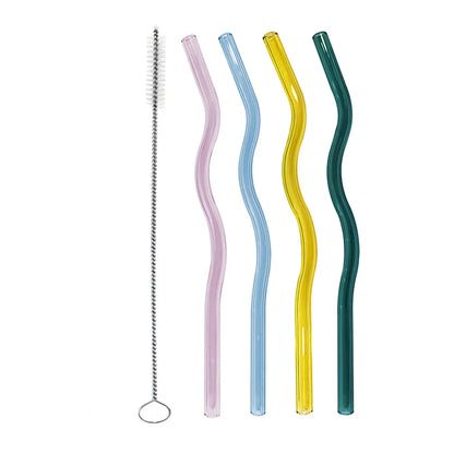 Set of 4 pastel-colored wavy glass straws with cleaning brush, ideal for stylish and sustainable drinkware in home and garden barware.