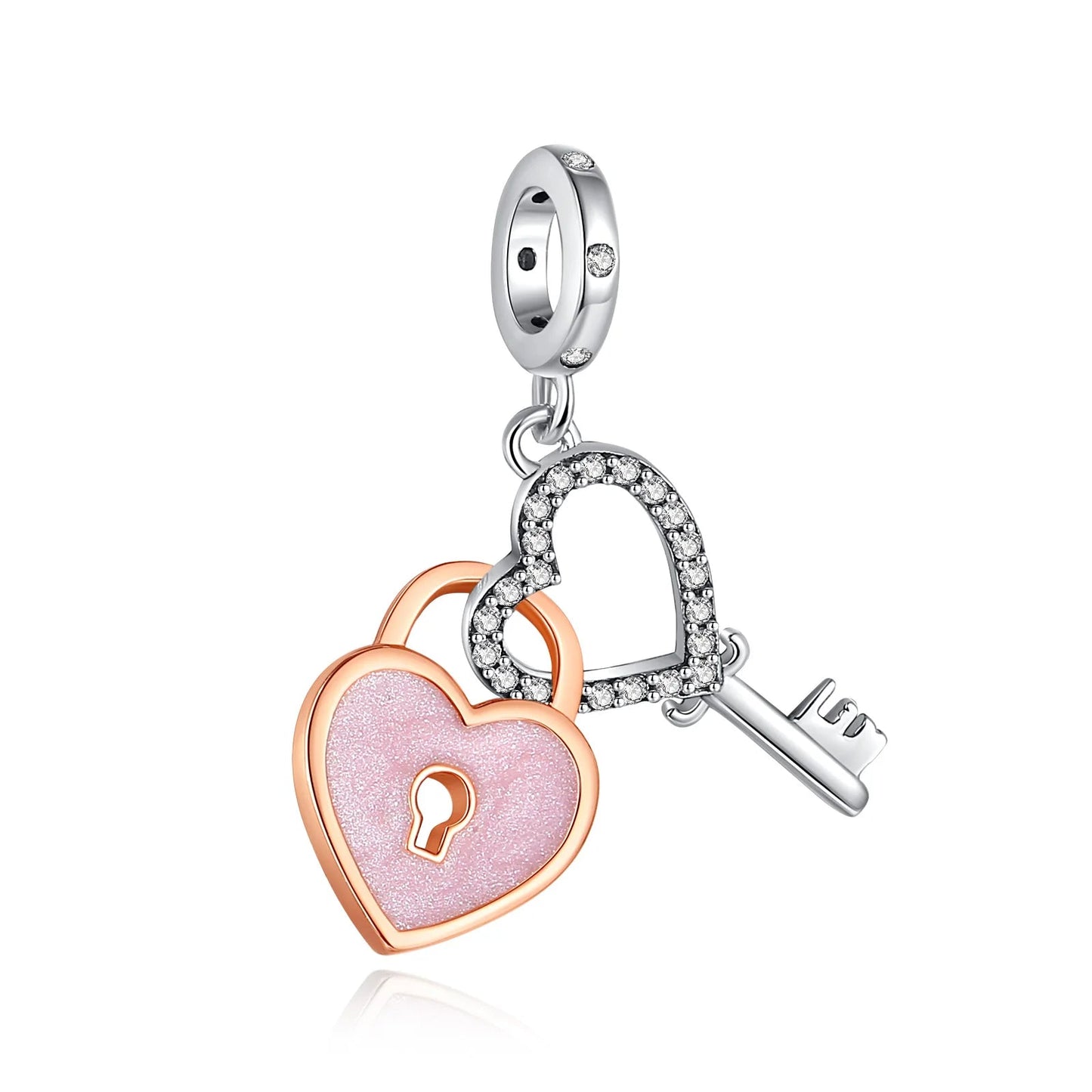 Sparkling Rose Gold Pavé Triple-row Beads Pink Gem Entwined Hearts Charm Fits Brand Bracelet Pure Ember