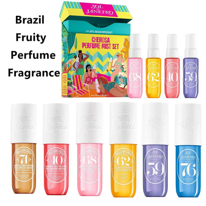 Set of Sol Janeteiro perfume bottles with colorful packaging on a white background