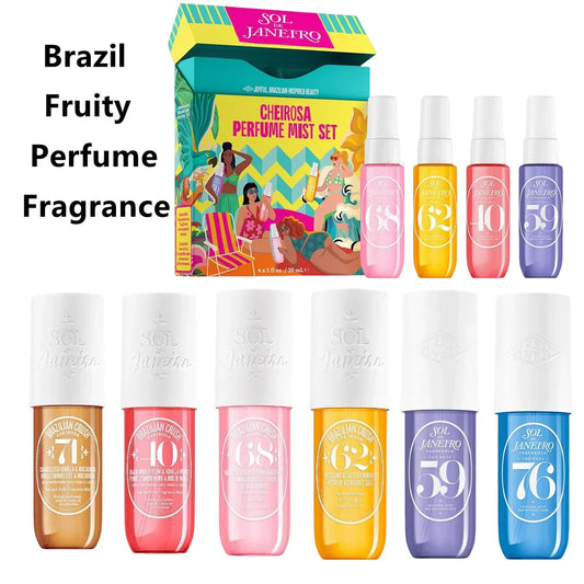 Set of Sol Janeteiro perfume bottles with colorful packaging on a white background