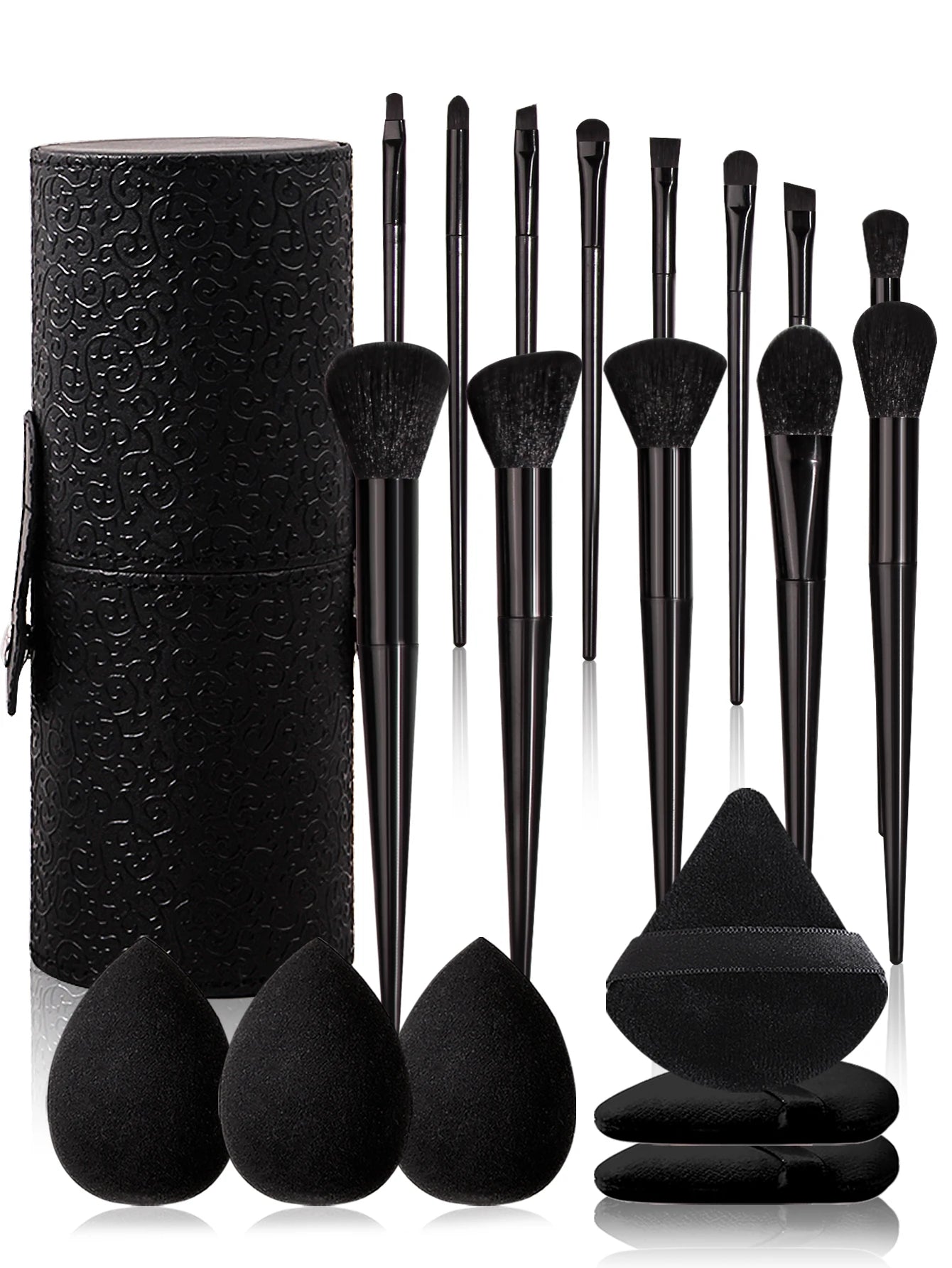 Black 20-piece makeup tool set: 13 makeup brushes +3 pieces of beauty eggs +3 pieces of powder puff +1 piece of storage bucket Pure Ember