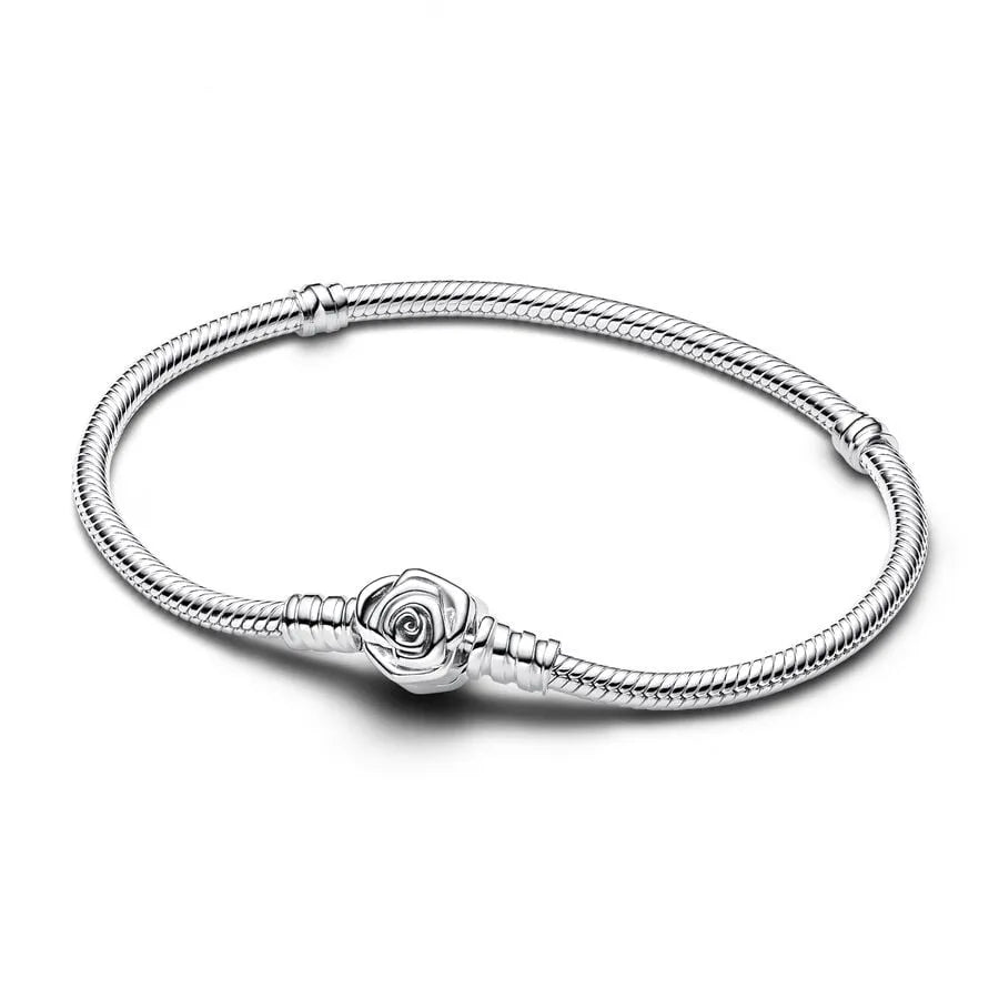 rose Silver bracelet with a rose charm on a white background