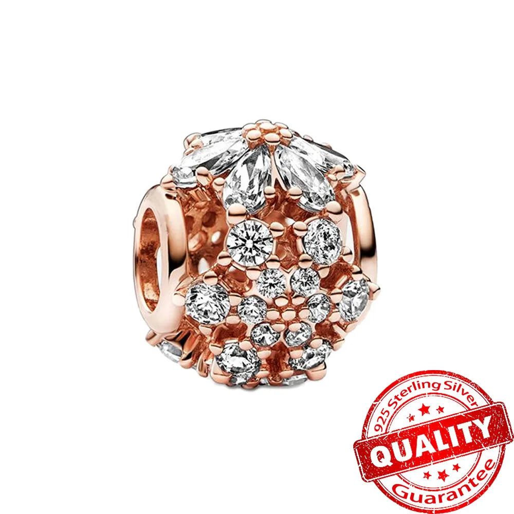 Sparkling Rose Gold Pavé Triple-row Beads Pink Gem Entwined Hearts Charm Fits Brand Bracelet Pure Ember
