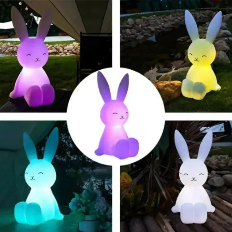 Collage of colorful rabbit-shaped lights in various settings