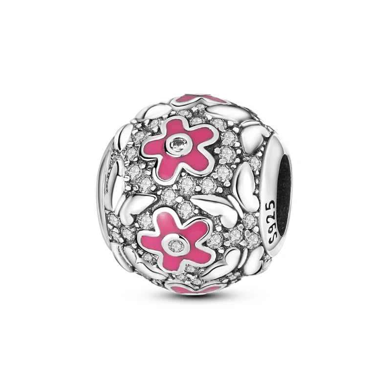 925 Sterling Silver Pink Series Colour Charms Beads Cut Girl Flower Pendant