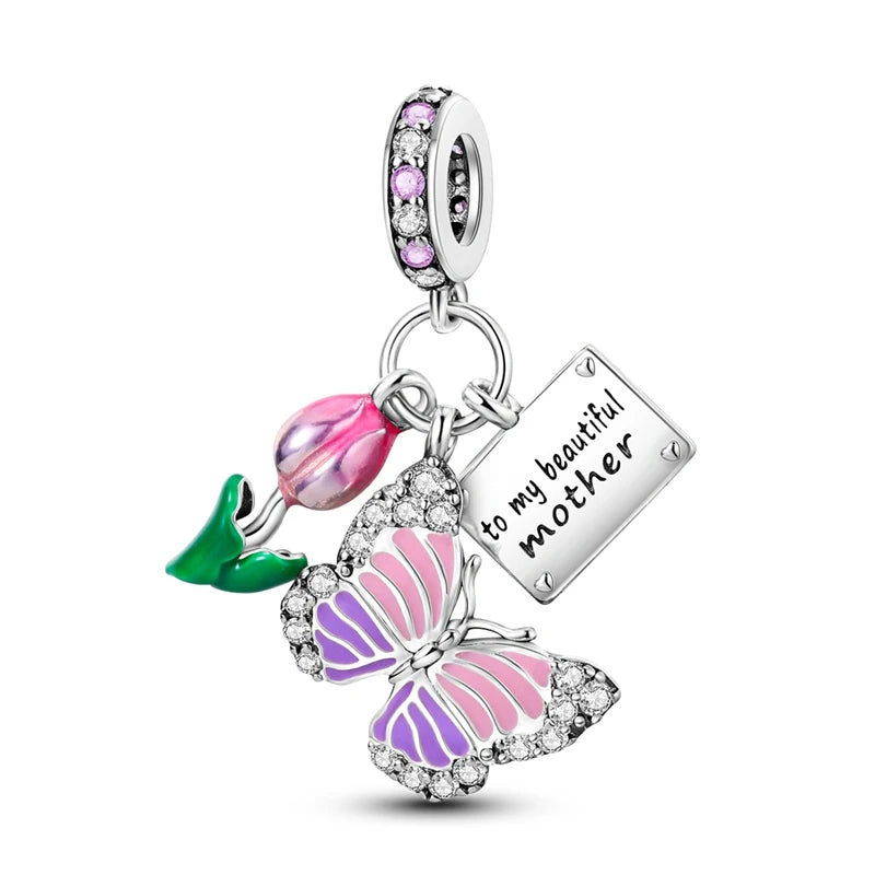 925 Sterling Silver Pink Series Colour Charms Beads Cut Girl Flower Pendant