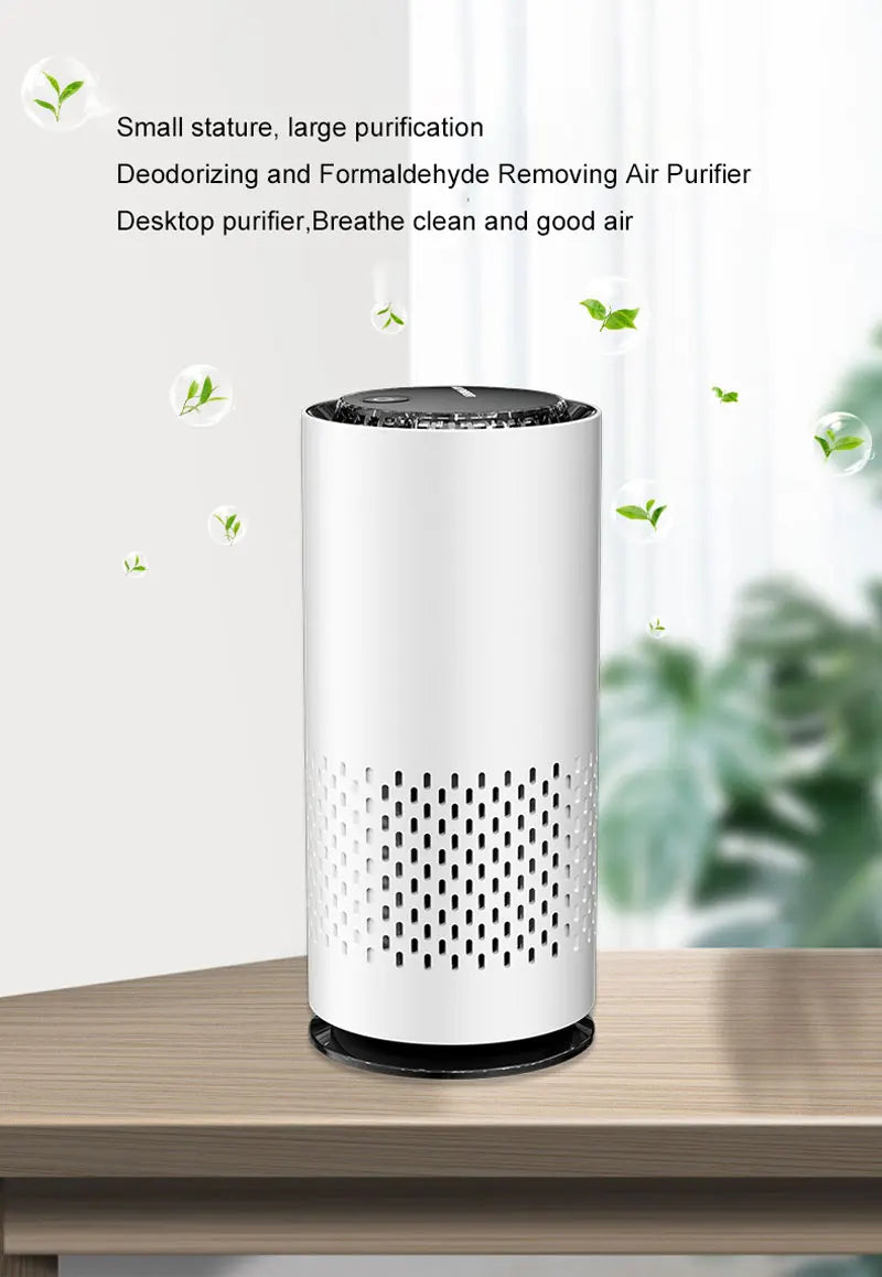 White air purifier on a wooden surface with greenery in the background