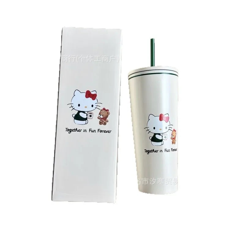 Hello Kitty White tumbler with cartoon character design and matching sleeve on a white background