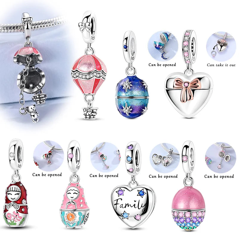 New 925 Sterling Silver Charms Beads Hot Air Balloon Matryoshka Pendant Pure Ember