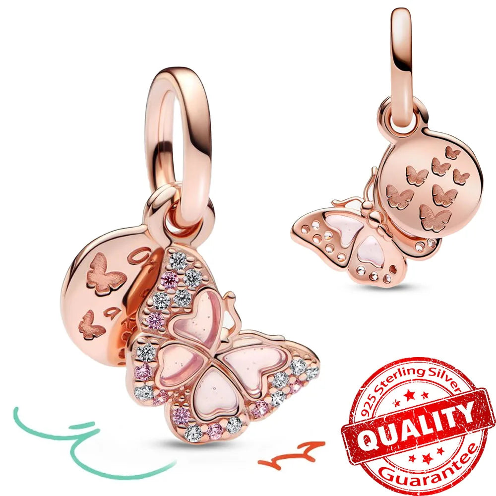 Sparkling Rose Gold Pavé Triple-row Beads Pink Gem Entwined Hearts Charm Fits Brand Bracelet Pure Ember