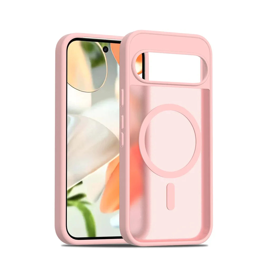 Pink phone case with a clear back and camera cover on a white background