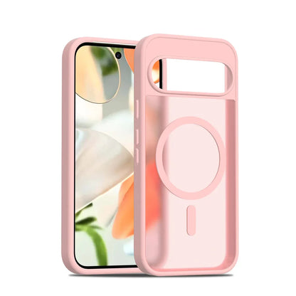 Pink phone case with a clear back and camera cover on a white background