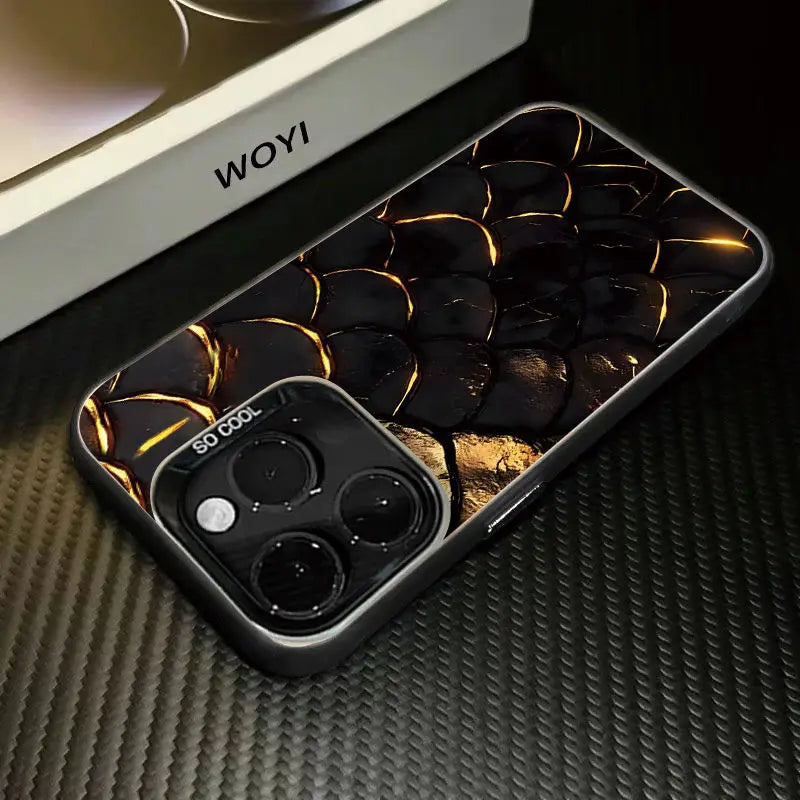 Phone case with floral design and 'WOYI' branding on a textured surface