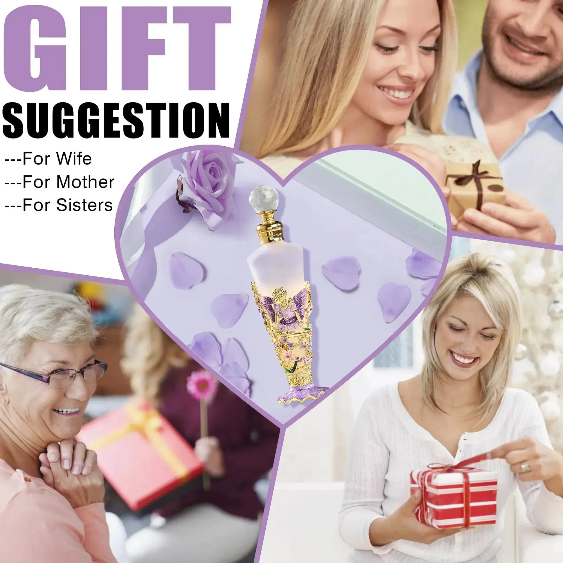 Collage of people with gift boxes and a heart-shaped decorative item, with text suggesting gifts for various relationships.