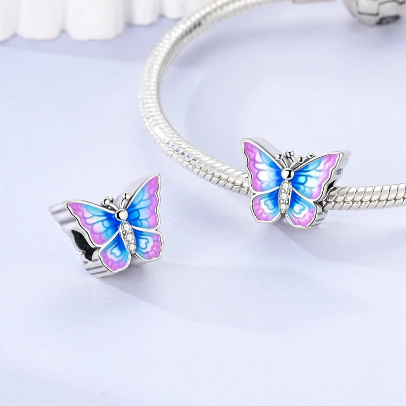 925 Sterling Silver Pink Charms Bead Butterfly Fairy Elephant Fox Pendants Pure Ember