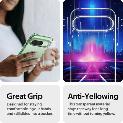 Phone case with text highlighting 'Great Grip' and 'Anti-Yellowing' features.