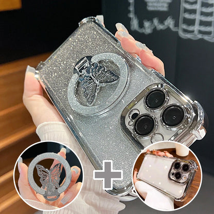 Silver glittery phone case with butterfly design held by a hand, with close-up insets showing details.