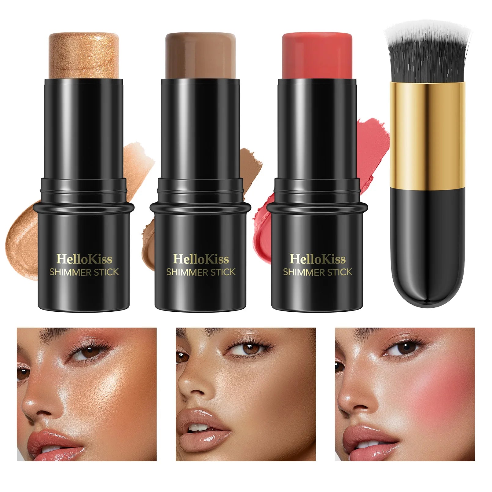 4pcs Contour Stick, Highlighter Stick, Blush Stick 4pcs Cream Contour Kit with Contour Brush, Contour, Non-greasy Pure Ember