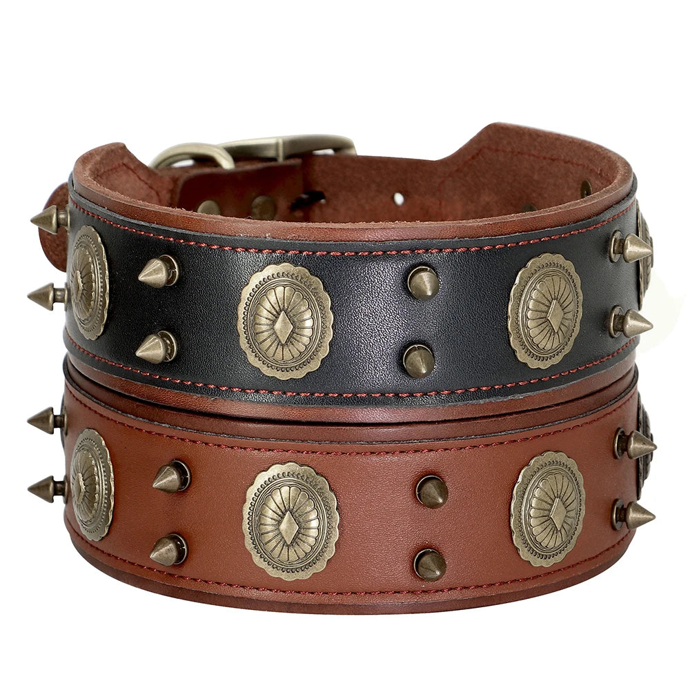 Genuine Leather Spiked Studded Dog Collar for Medium Large Dogs