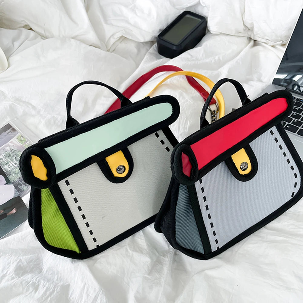 3D Style Patchwork Sling Handbag Cartoon Animation 2D Drawing Satchel