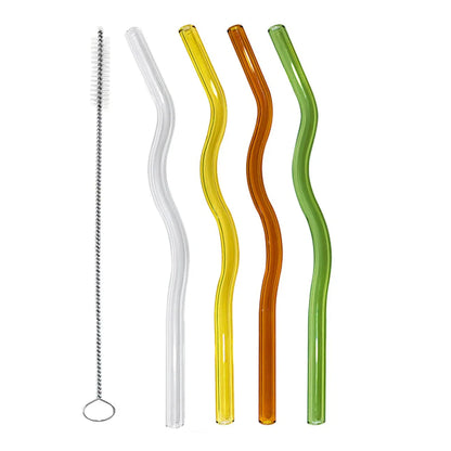 4Pcs Wavy Glass Straws Shatter-Resistant in earthy tones with cleaning brush, designed for reusable and safe beverage consumption.