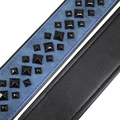 Blue leather dog collar with black studs on a white background