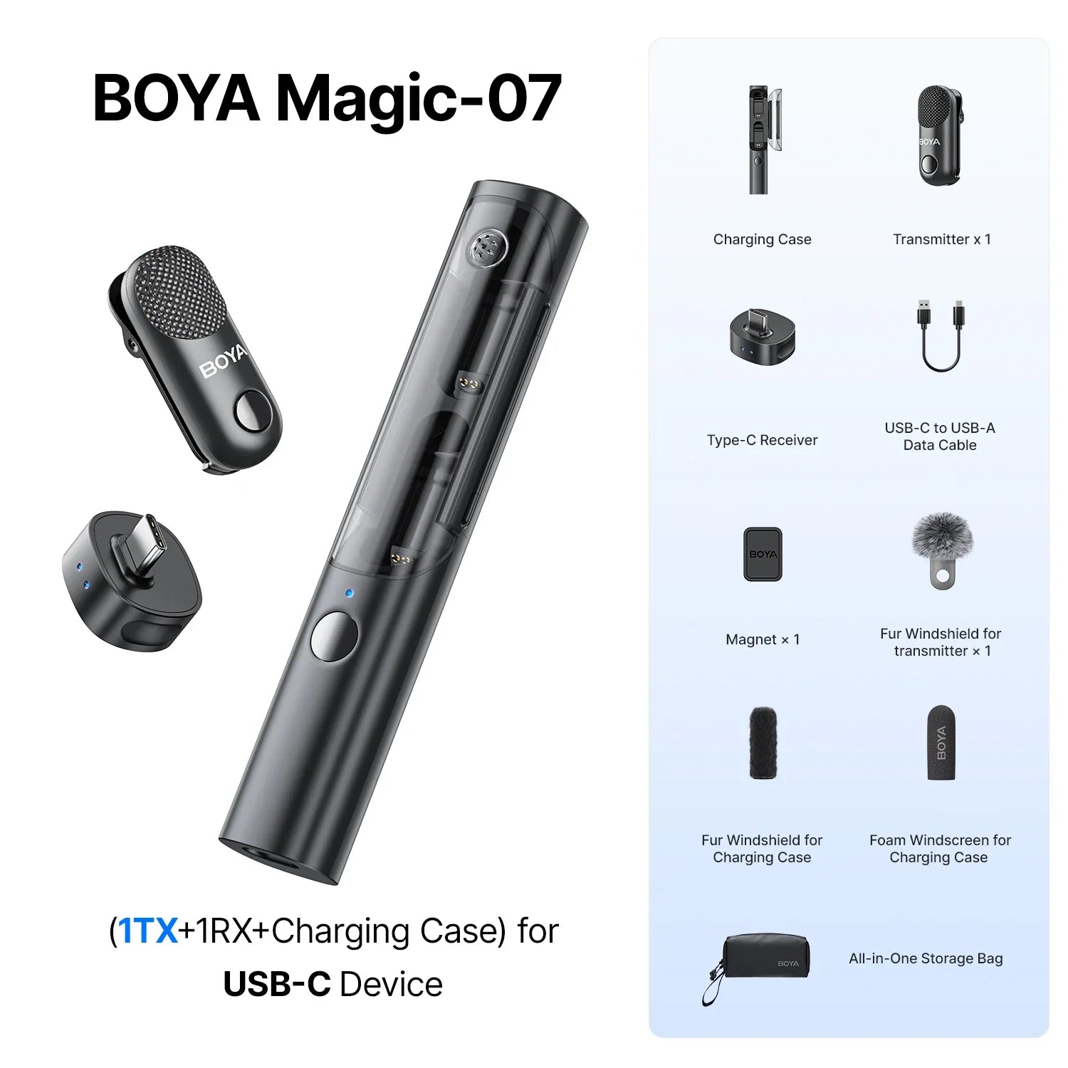 BOYA Magic-07 microphone set with accessories on a white background