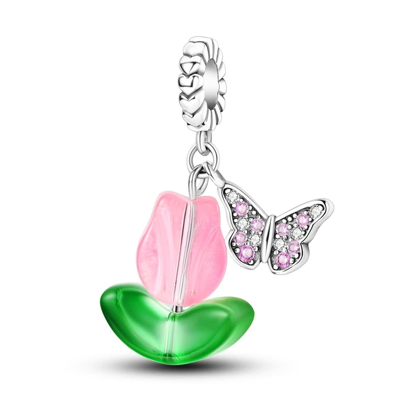 925 Sterling Silver Pink Series Colour Charms Beads Cut Girl Flower Pendant