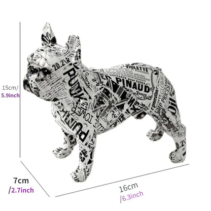 Black and white dog sculpture with text pattern, shown with dimensions on a white background frenchie french bulldog