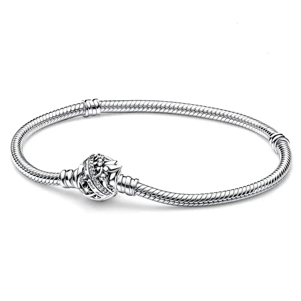 Silver bracelet with a decorative clasp on a white background