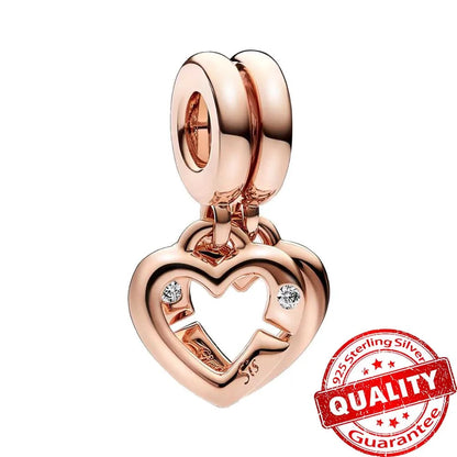 Sparkling Rose Gold Pavé Triple-row Beads Pink Gem Entwined Hearts Charm Fits Brand Bracelet Pure Ember