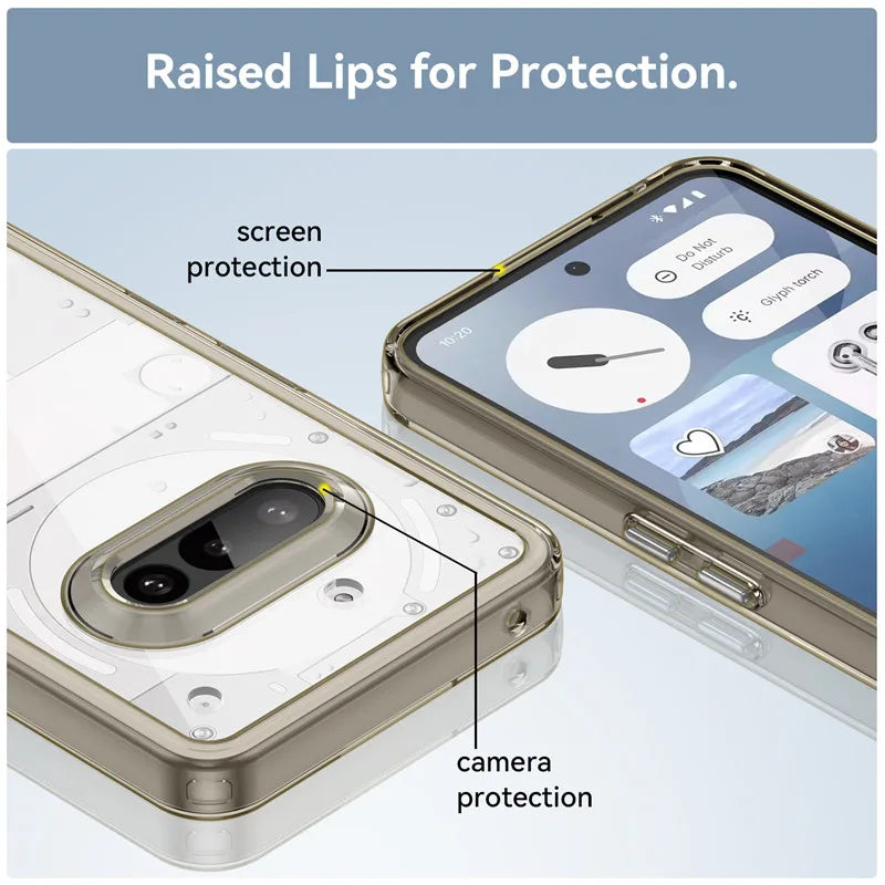 Phone case with raised lips for protection, showing screen and camera protection.