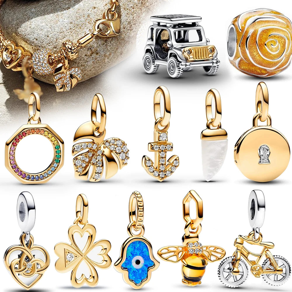 Sparkling Gold Monstera Leaf Charm Fit Original Bracelet 925 Sterling Silver Shark Tooth Mini Charms Pure Ember