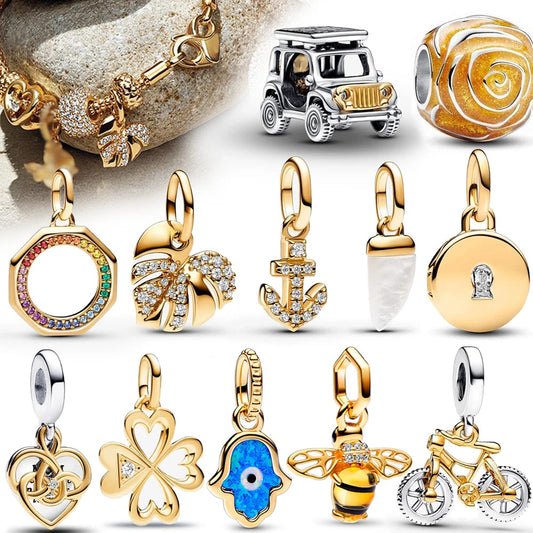 Sparkling Gold Monstera Leaf Charm Fit Original Bracelet 925 Sterling Silver Shark Tooth Mini Charms Pure Ember