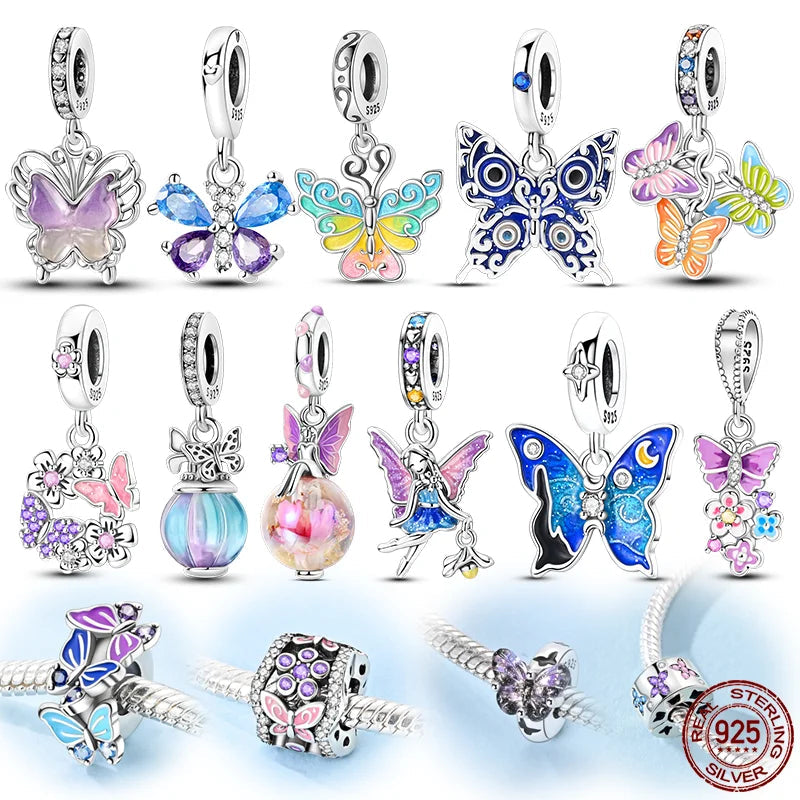 925 Sterling Silver Charms Bead Luminous Butterfly Dangle Fit Pure Ember