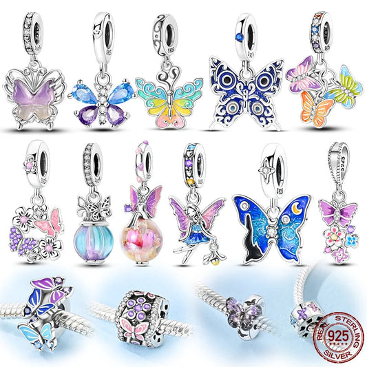 925 Sterling Silver Charms Bead Luminous Butterfly Dangle Fit Pure Ember