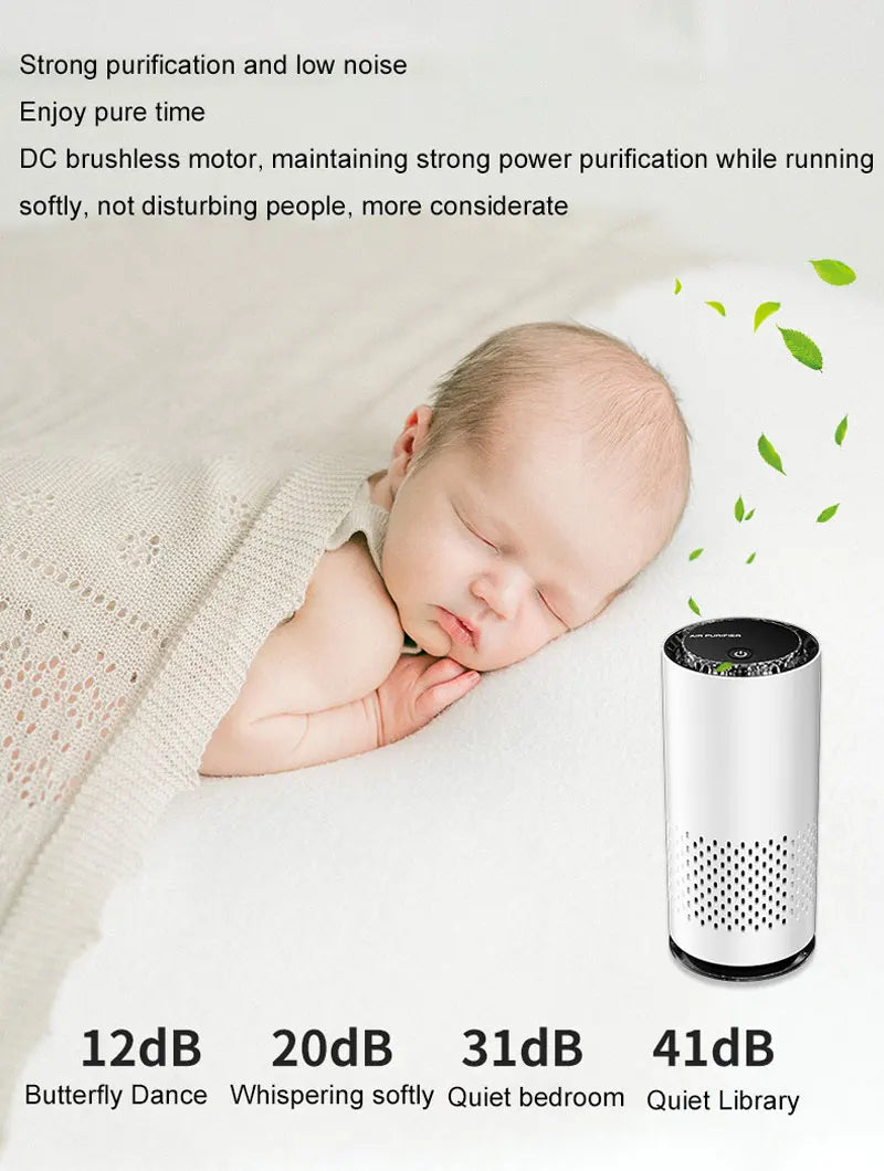 Baby sleeping peacefully with an air purifier next to them, highlighting its low noise levels.