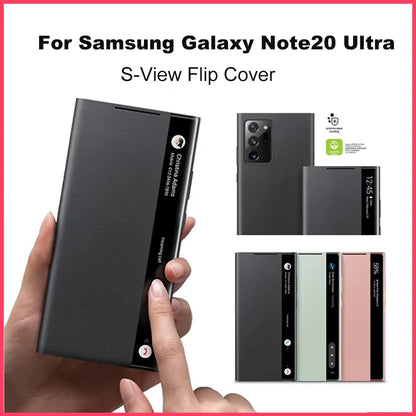 S-View Flip Cover for Samsung Galaxy Note20 Ultra with multiple views and a hand holding the cover.