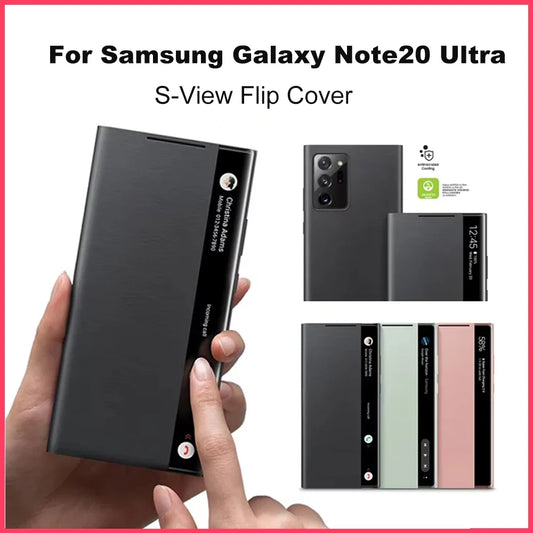 S-View Flip Cover for Samsung Galaxy Note20 Ultra with multiple views and a hand holding the cover.