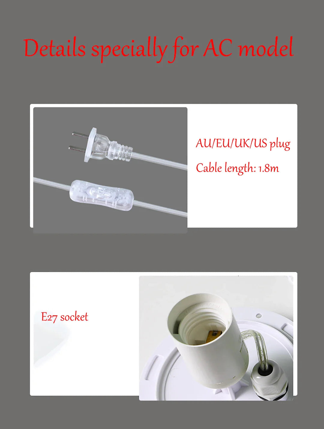 Light bulb socket with cable and plug details on a gray background