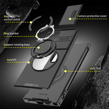 Phone case with various features labeled on a dark background