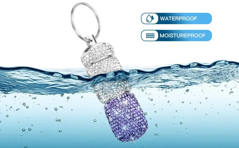 Bling Keychain Pill Box 2 Compartments Small Travel Pill Case Organizer Crystal Diamond Medicine Bottle Pill Bottle Keychain Pure Ember