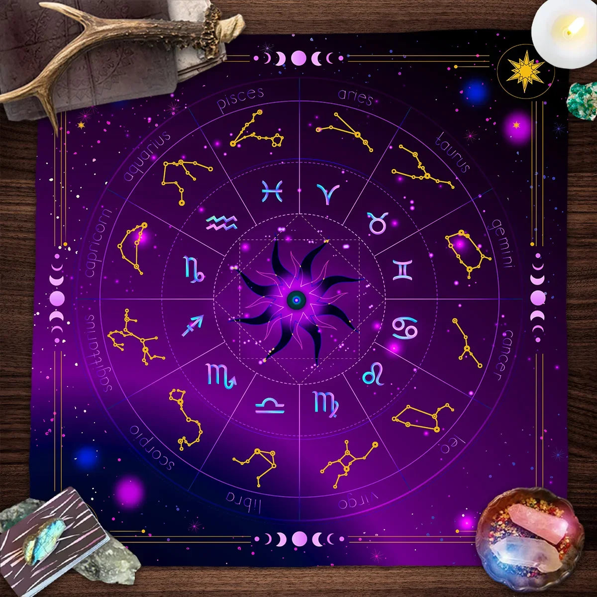 Sun Moon Starry Sky  Tarot Altar Cloth 12 Constellations Spread Tarot Reading Cloth Witchcraft Oracle Cards Pad  Home Room Decor Pure Ember